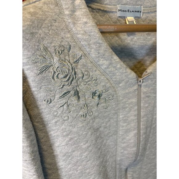 Miss Elaine Gray Quilted Zip Up Housecoat Embroidery Size Medium - Picture 5 of 9